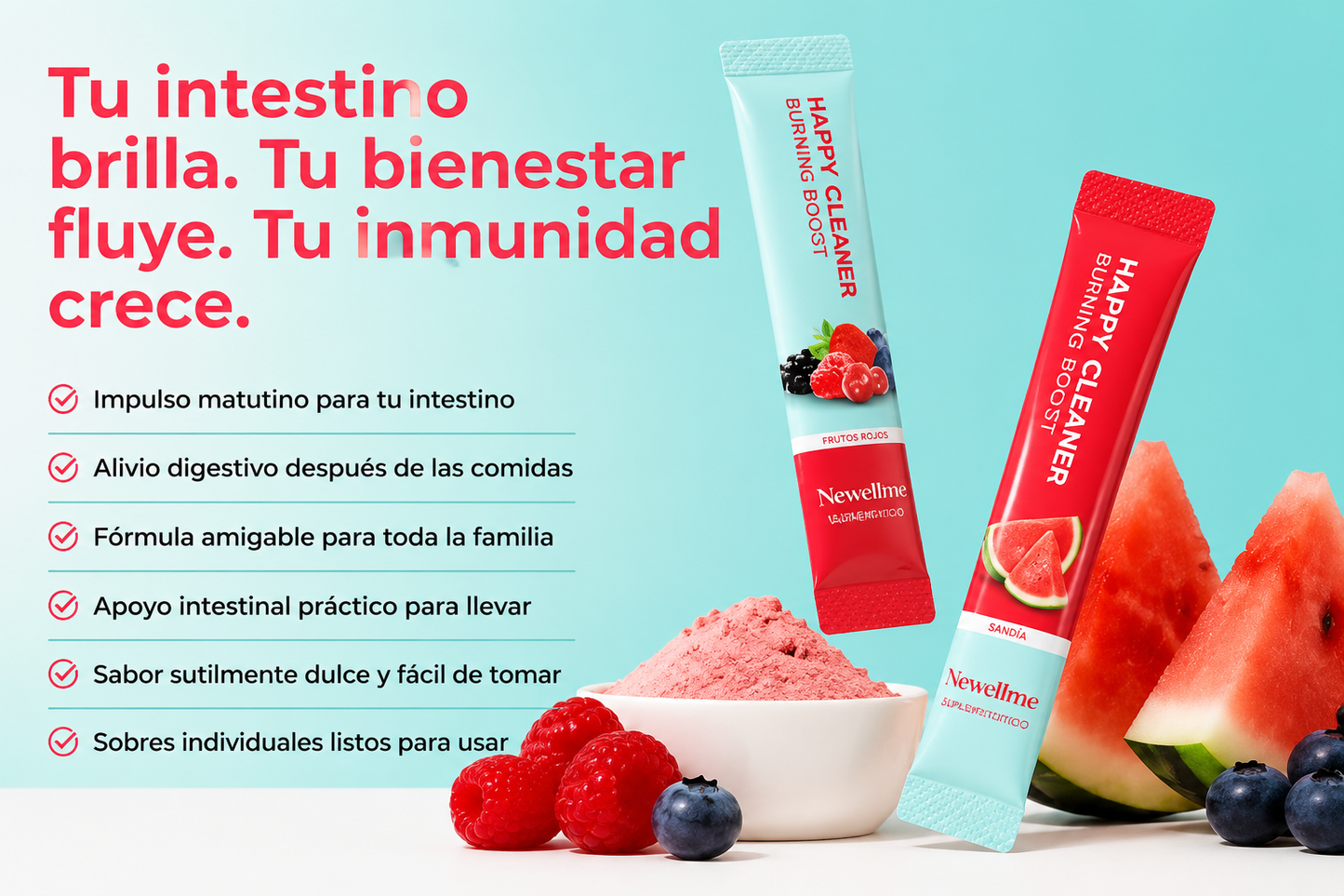 Happy cleaner Bebida Probiótica en Sobres para Digestión Ligera – Sandía y Frutos Rojos